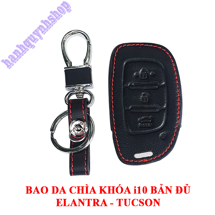 Bao da chìa khóa i10 bản đủ, Elantra, Tucson màu đen chỉ đỏ tặng kèm móc