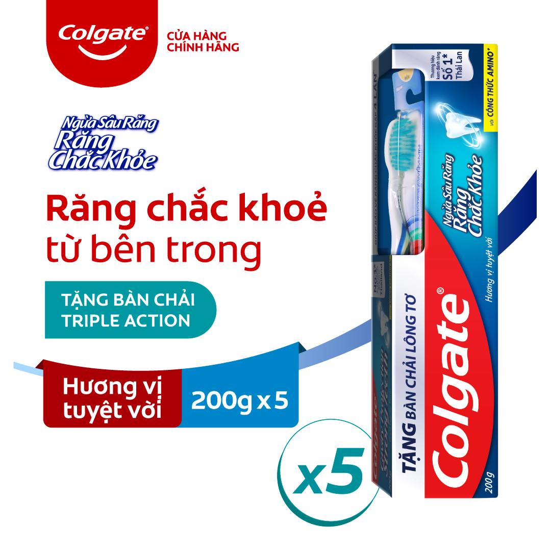 Bộ 5 Kem đánh răng Colgate ngừa sâu răng vượt trội công thức cải tiến hương vị tuyệt vời 200g/tuýp tặng bàn chải đánh răng