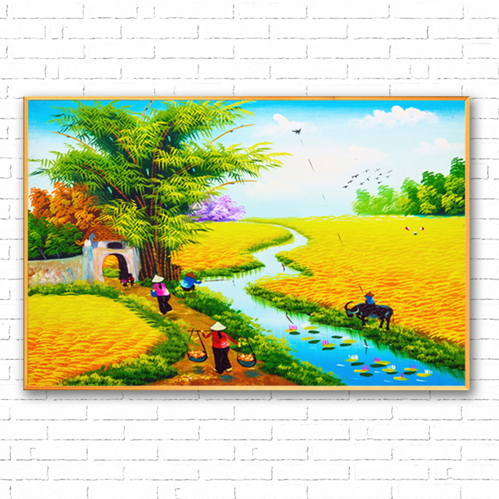 Tranh treo tường – Phong cảnh làng quê Việt Nam  CA127- Vải canvas kim tuyến  cán PiMa - công nghệ in UV - Khung viền composite - bền màu 10 năm.