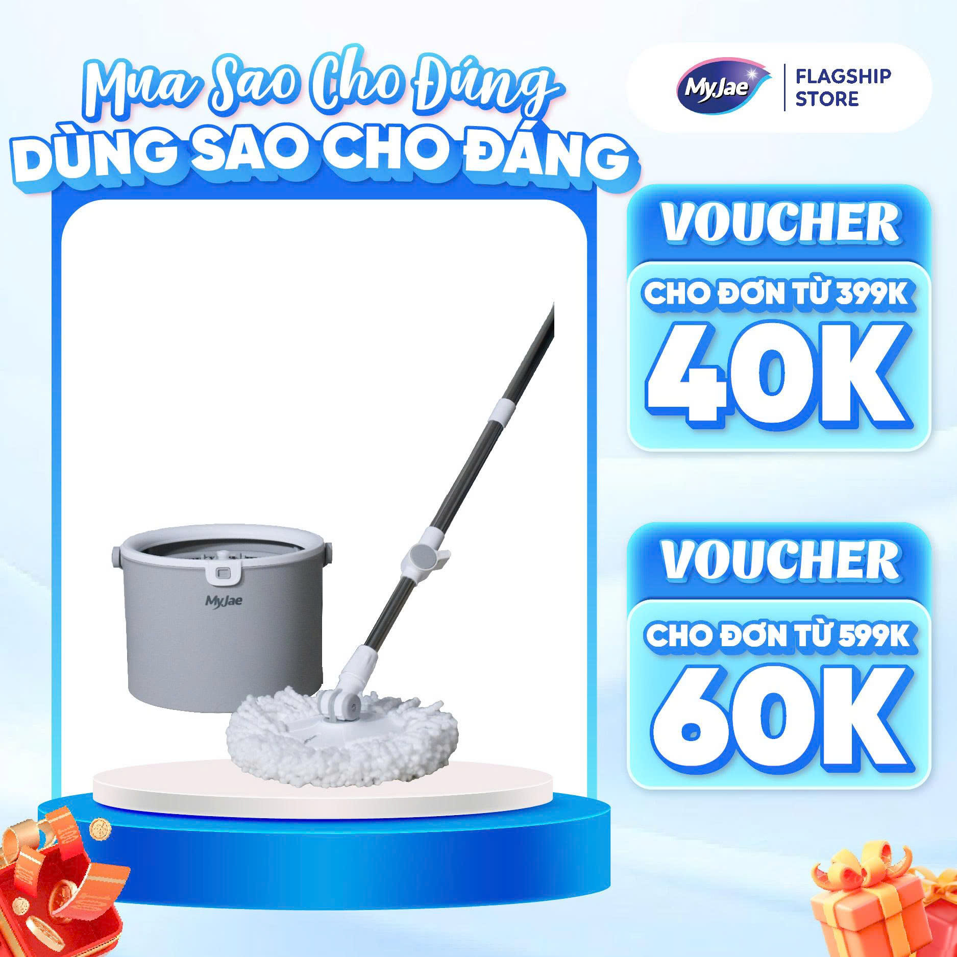 Thùng Lau Nhà Tròn MyJae Tiện Lợi Thông Minh Giặt Vắt 2 Trong 1