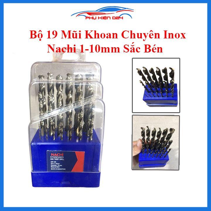 Hộp 19 mũi khoan inox Nachi Singapore đường kính 1mm-10mm