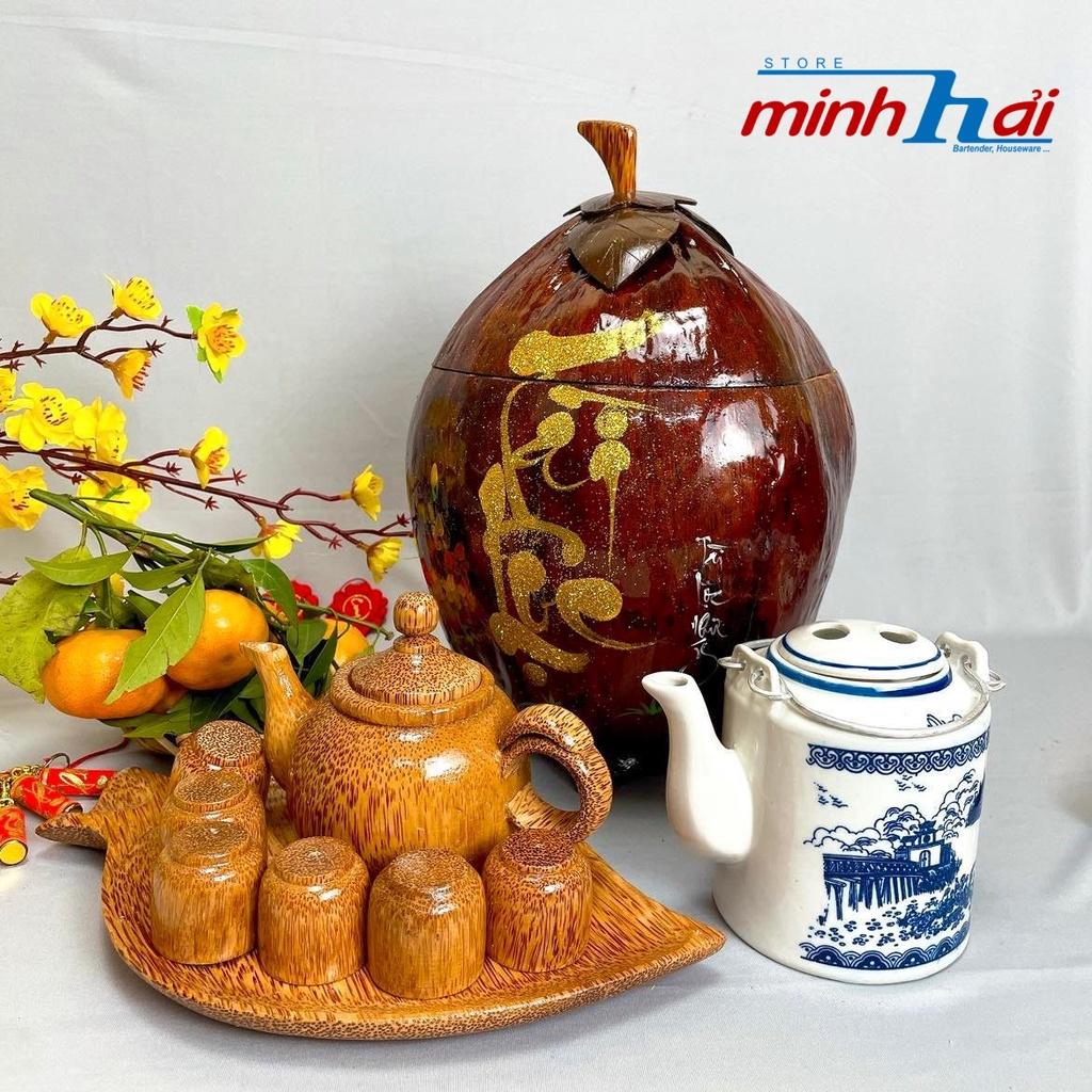 Bình Ủ trà trái dừa THƯ PHÁP - Bộ Tách trà gỗ dừa - Âm bằng sứ. Dụng cụ Ủ trà, Cà phê Truyền thống cổ điển