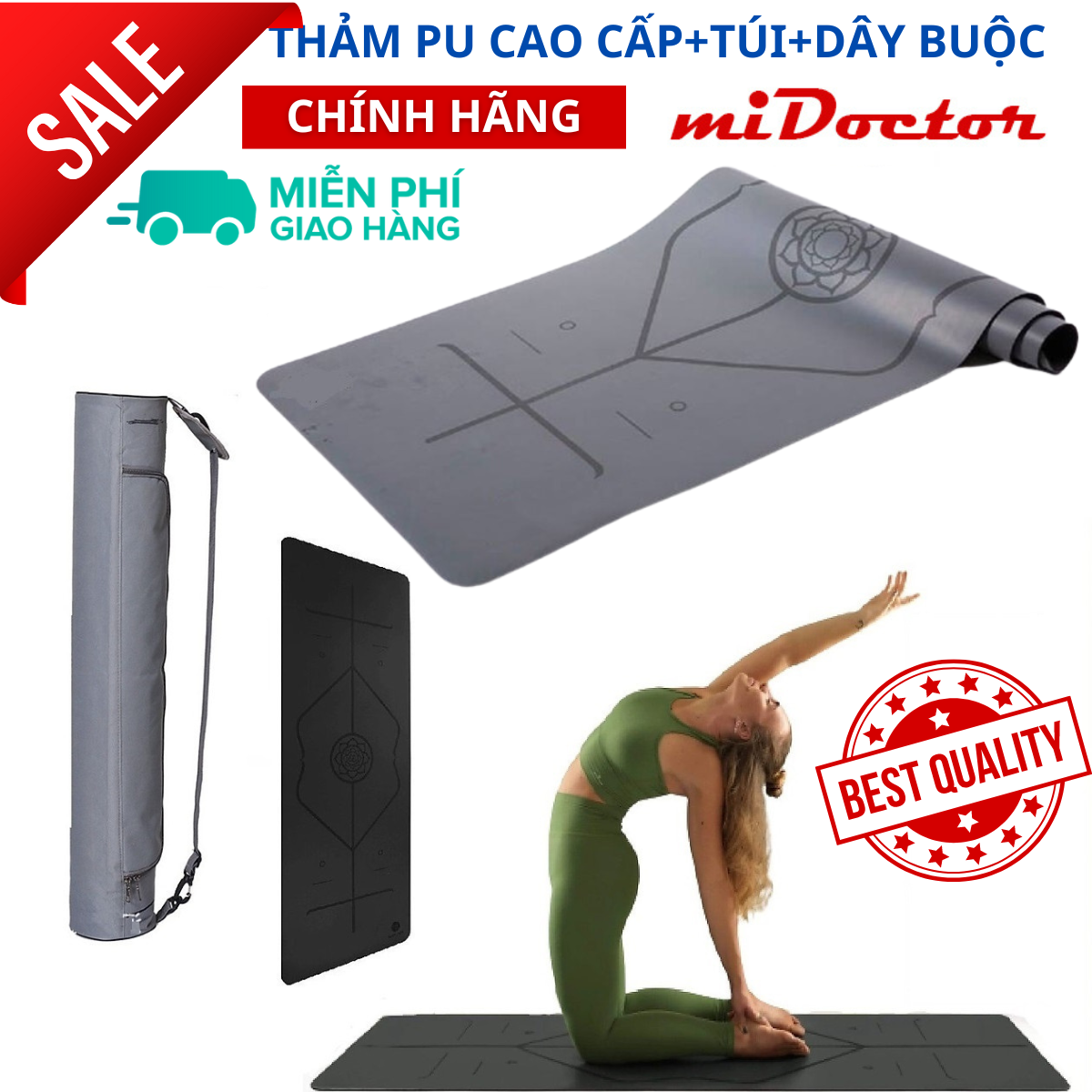 Thảm Tập Yoga Định Tuyến Da Pu Cao Cấp Chính Hãng Midoctor Túi Đựng Thảm Tập Yoga Dây Buộc Thảm Yoga Định Tuyến - Xám