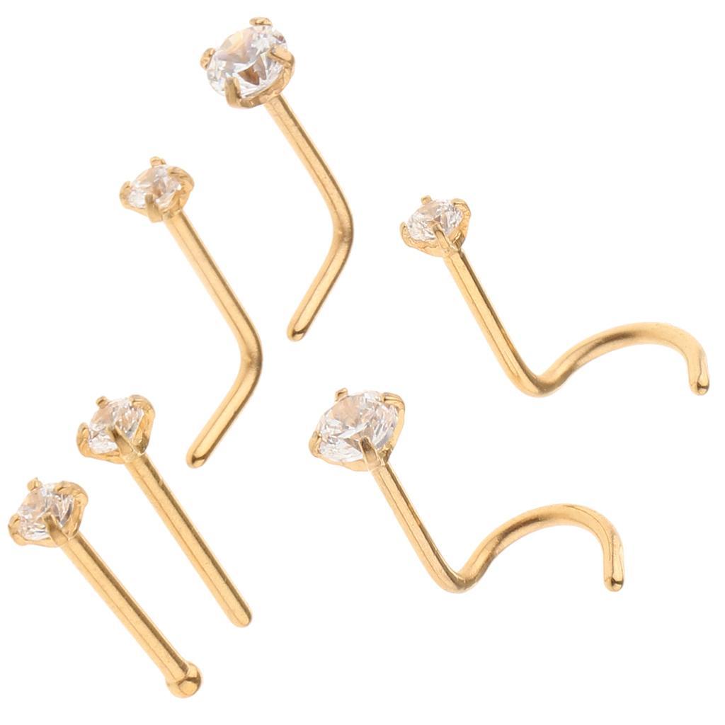 2x6 Pieces Stainless Steel Zircon Crystal Screw Curved Nose Piercing Gold