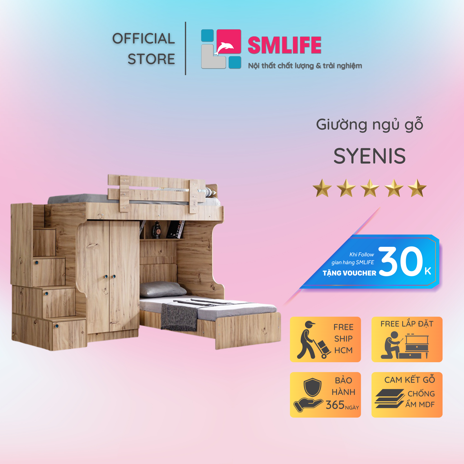 Giường ngủ đẹp hai tầng cho bé SMLIFE Syenis