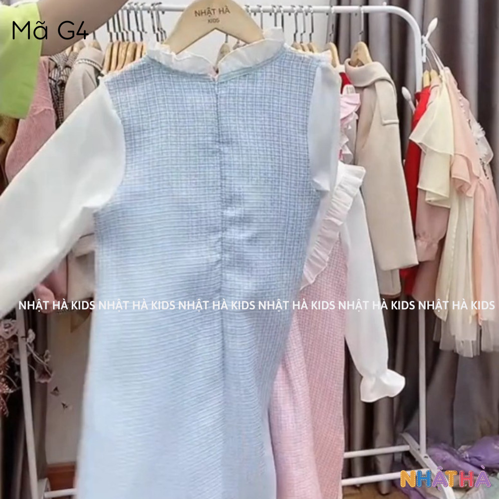 Váy xinh cho bé gái M2 size đại 11-45kg chất lụa mềm, phối với dạ tweed mỏng
