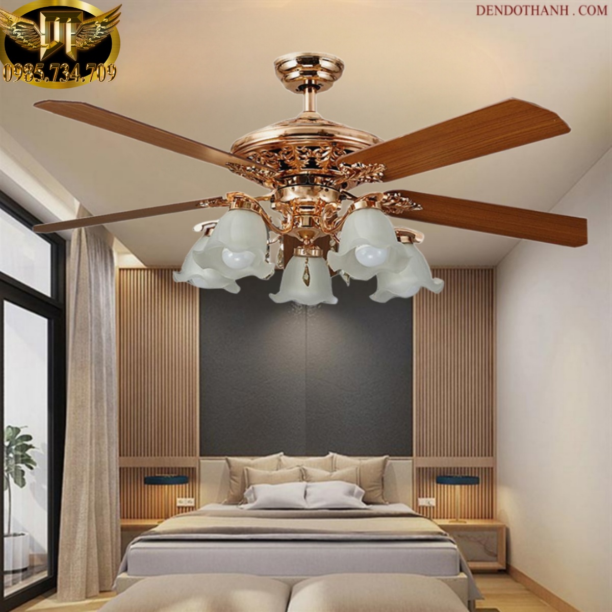 Quạt trần đèn chùm hiện đại trang trí phòng khách tích hợp điều khiển từ xa hiện đại tô điểm không gian sống QTD