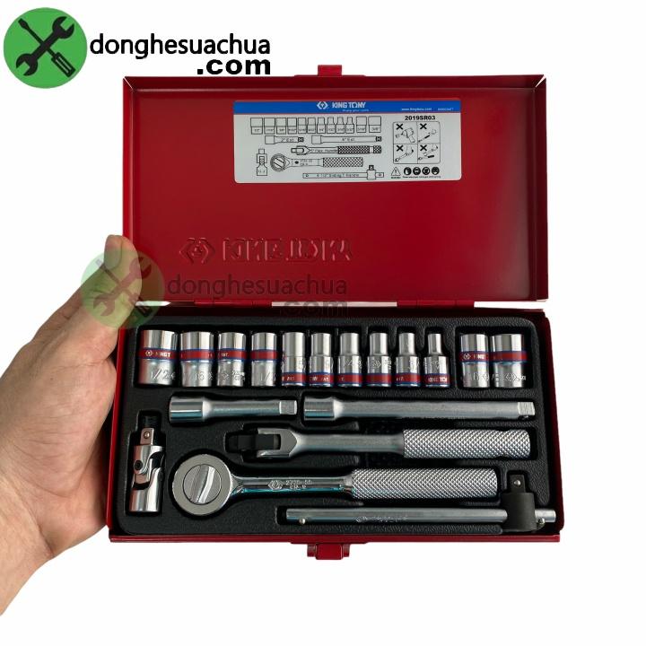 Bộ tuýp 1/4 hệ inch Kingtony 2019SR03 có 18 chi tiết loại 12 cạnh