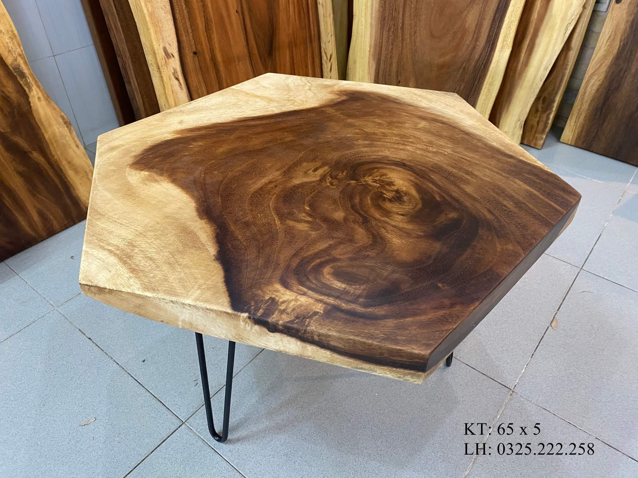 Bàn Sofa Lục Giác, Bàn Sofa Gỗ Me Tây, Bàn Ngồi Bệt Gỗ Tự Nhiên, Bàn Phòng Khách Hiện Đại, Bàn Trà Gỗ Rộng 65cm Dày 5cm