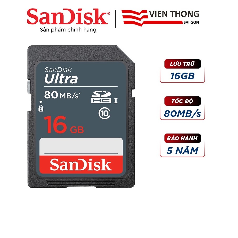 Thẻ nhớ SDHC Sandisk Ultra 16GB upto 80MB/s UHS-I (cho máy ảnh) - Hàng chính hãng