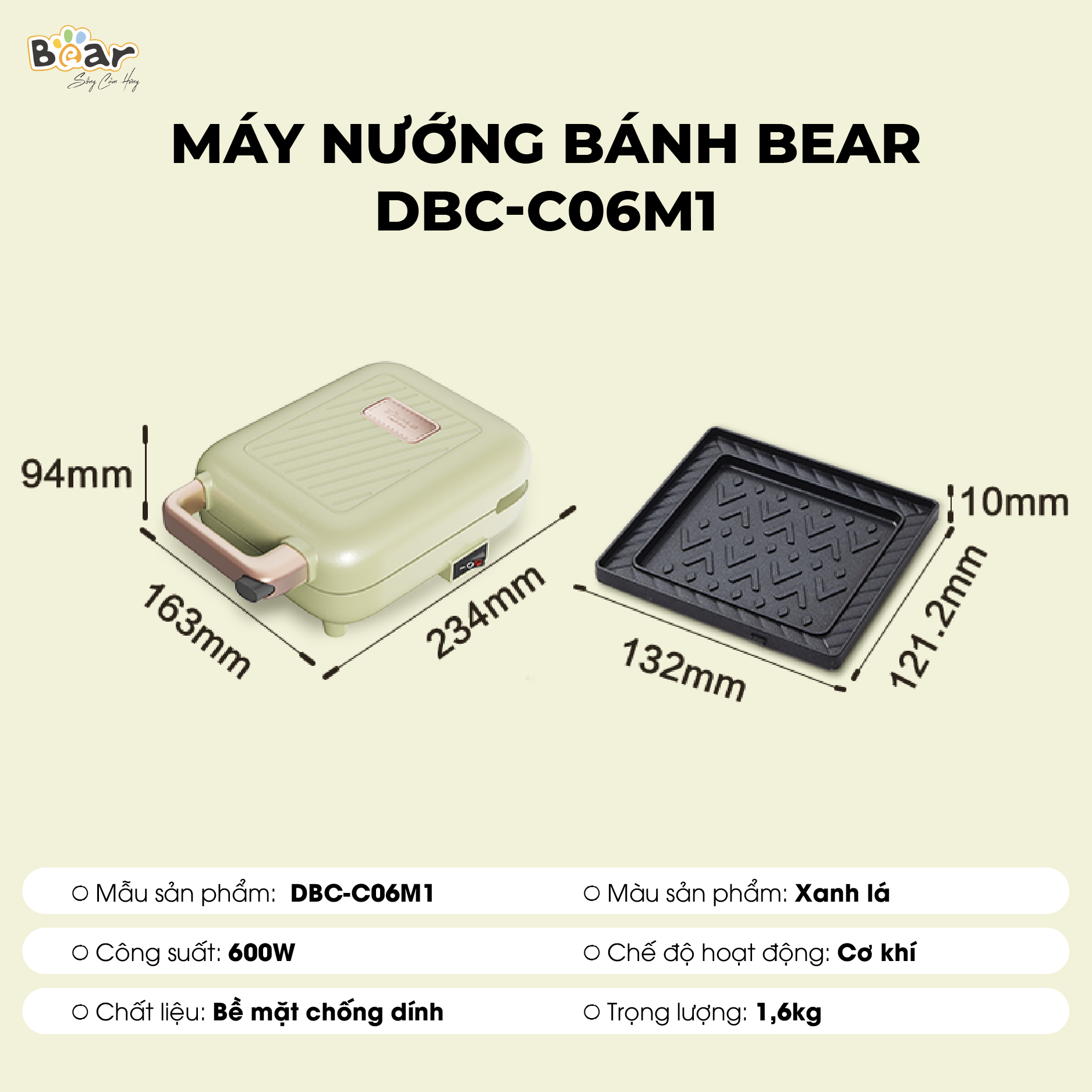 Máy Nướng Bánh Đa Năng Bear Nướng Bánh Sandwich, Crepe, Waffle Rán Trứng Xúc Xích DBC-C06M1