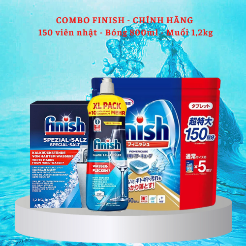 Combo Viên rửa bát Finish 150 viên  Muối rửa bát chén Finish 1.2kg  Nước làm bóng bát Finish 750ml dùng cho máy rửa bát chén nhật bản japan loại nhỏ – Combo viênmuốibóng