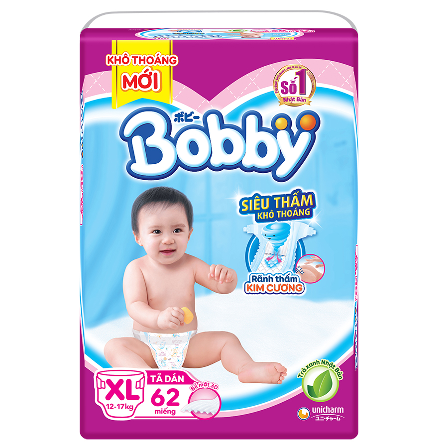 Tã Dán Bobby Siêu Mỏng Thấm Gói Siêu Lớn XL62 (62 Miếng)