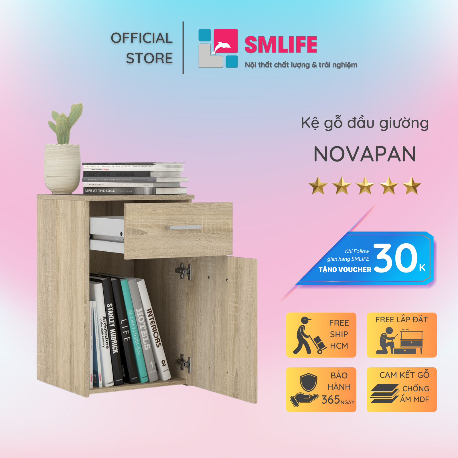 Kệ gỗ đầu giường hiện đại SMLIFE Novapan | Gỗ MDF dày 17mm chống ẩm | D38xR35xC60cm