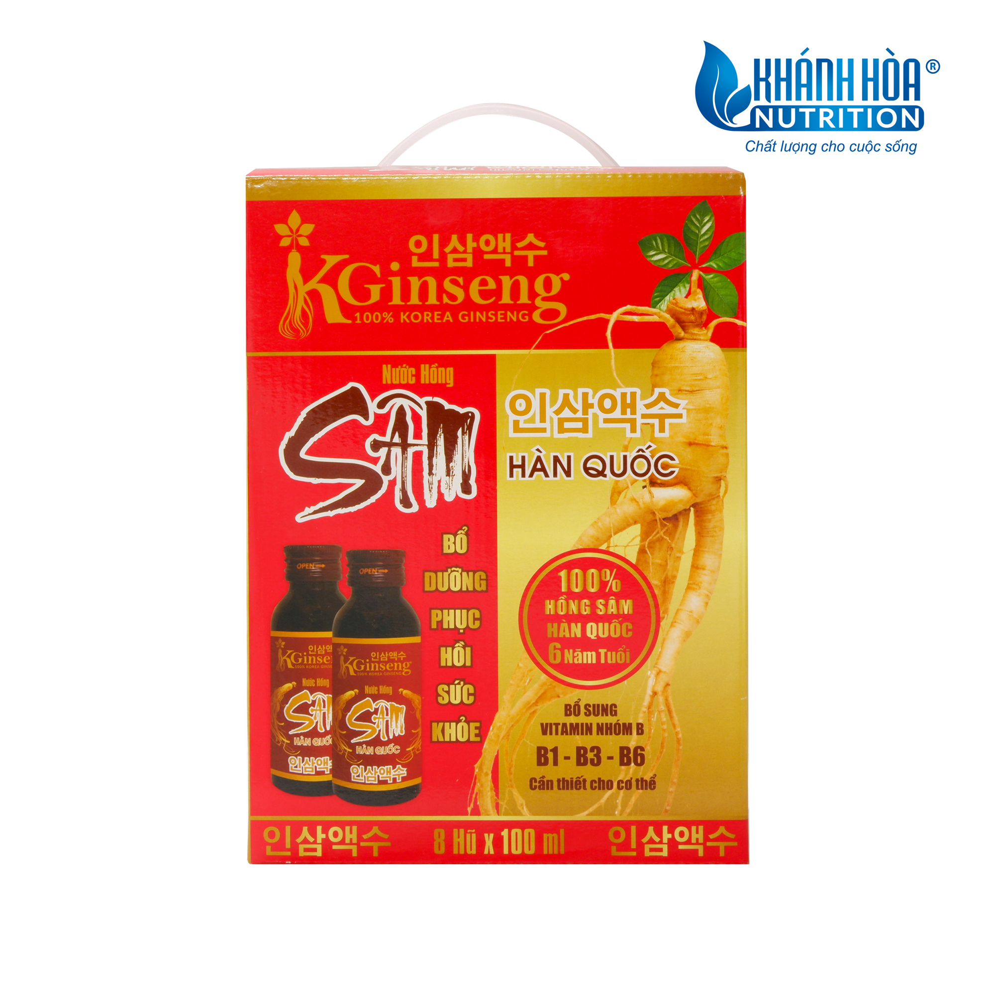 Hộp 8 Lọ Nước Hồng Sâm Hàn Quốc 6 Năm Tuổi Kginseng – Khánh Hòa Nutrition – Xách 8 lọ x 100ml
