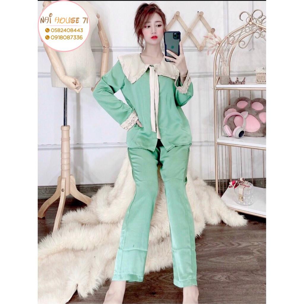 Bộ lụa Pijama - Bộ Quần Dài Tay Dài Lụa Satin Tiểu Thư Cổ Phối Bèo Nơ Freesize 45-65kg
