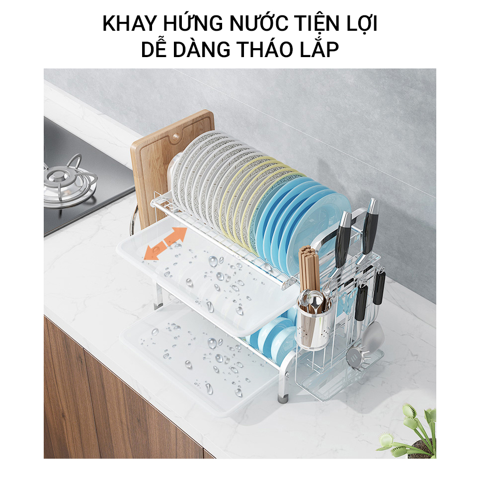 Kệ Để Chén Bát Đĩa INOX 304 kèm khay ráo nước cao cấp VANDO, giá úp bát khô ráo trên bàn bếp