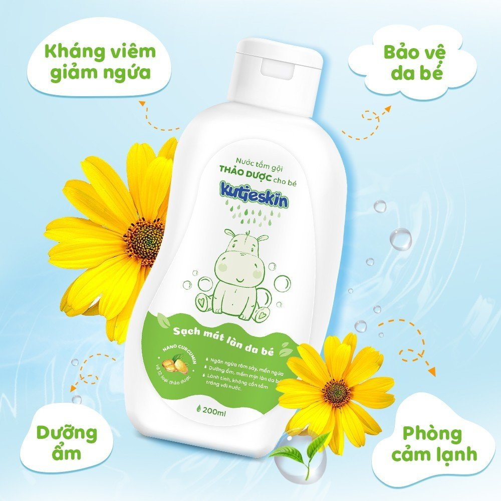 Nước tắm gội thảo dược cho bé Kutieskin 200ml, làm sạch dịu nhẹ, chăm sóc và bảo vệ da bé