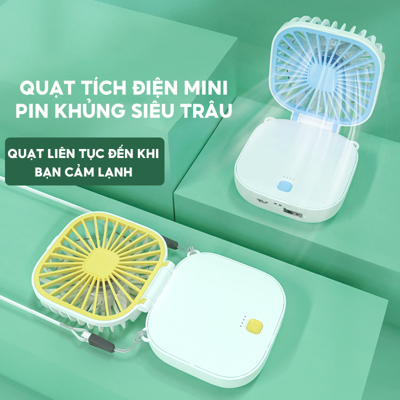 Quạt Tích Điện Mini Kiêm Sạc Dự Phòng Gấp Gọn Dung Lượng Pin Siêu Khủng 2000mah Sử Dụng Liên Tục 4-5 Giờ Đồng Hồ