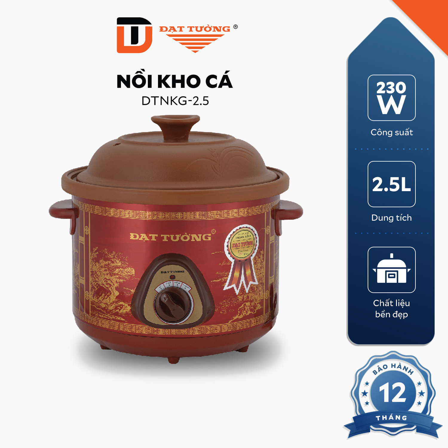 Nồi Kho Đa Năng Gốm / Sứ 2.5L Đạt Tường - DTSC2.5S ; DTSC2.5G - Hàng Chính Hãng - DTSC25G - Gốm