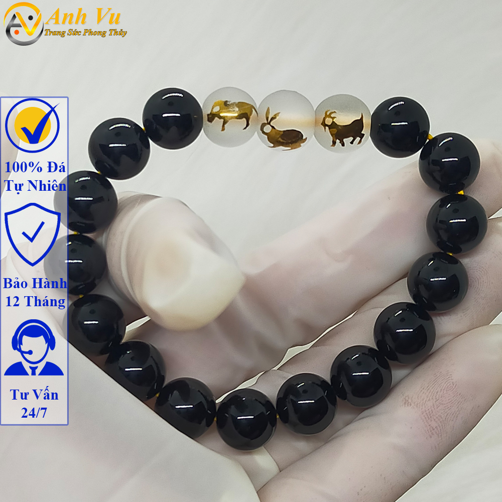 Vòng tam hợp hợi mão mùi chất liệu đá mã não đen - Size 8 10 12 ly cho người mệnh mộc, mệnh thủy - có khai quang điểm nhãn may mắn tài lộc - bảo hành 12 tháng - PHONG THỦY ANH VŨ