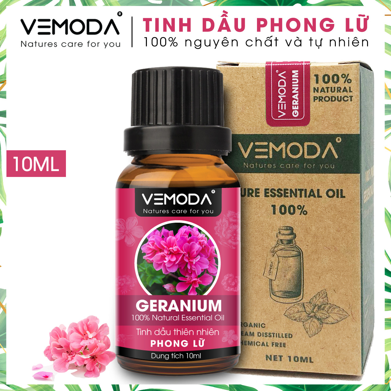 Tinh dầu Phong lữ cao cấp. Geranium Essential Oil. Tinh dầu xông phòng giúp kháng khuẩn, nấm, giảm căng thẳng, chăm sóc da. Tinh dầu thơm phòng cao cấp Vemoda