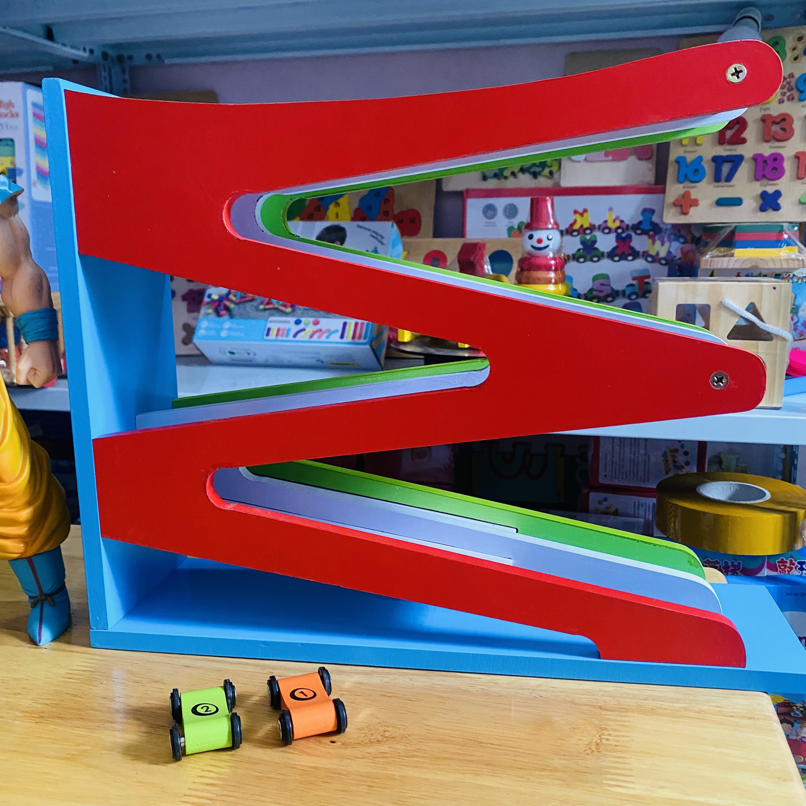 Đồ chơi xe đua cầu trượt đôi 4 tầng gỗ size to tiêu chuẩn, đồ chơi xe cầu trượt đôi zíc zắc, đồ chơi vận động cho bé