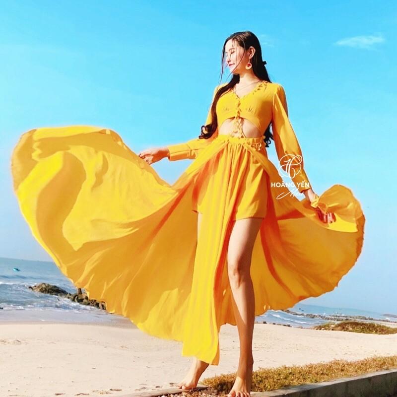Đầm maxi chất tằm tay dài xẻ tà thiết kế màu đỏ vàng trắng