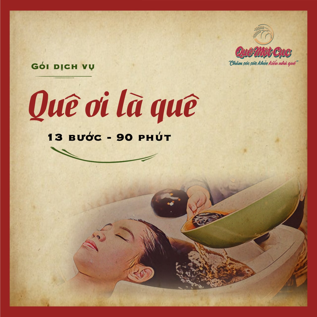 Voucher Liệu trình 90 phút - Gói “Quê ơi là quê” - Gội đầu bồ kết, chăm sóc da mặt, ngâm chân thảo dược, thưởng thức trà & bánh tuổi thơ tại Spa Quê Một Cục