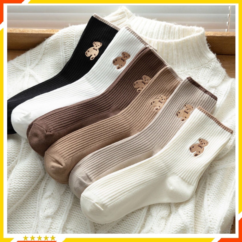 Tất Nữ Cổ Cao, Set 5 Đôi, Tất Cao Cổ Nữ, Hoạ Tiết Gấu, Chất Liệu Cotton Dày Dặn, Phong Cách Hàn Quốc