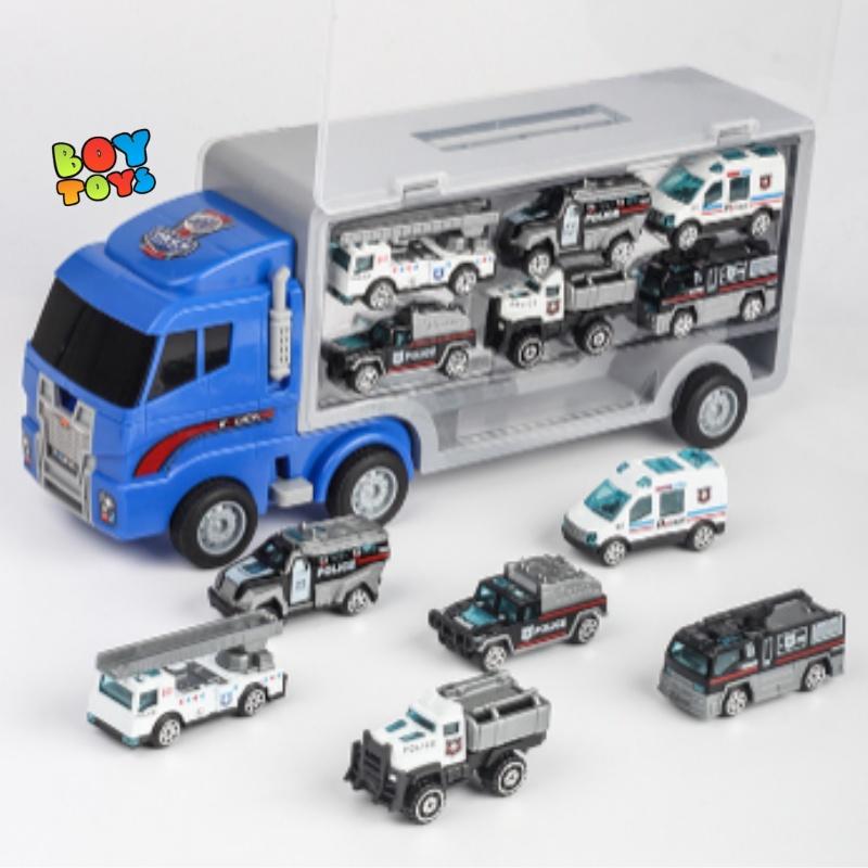 Đồ chơi xe container chở 6 xe hợp kim cứu hỏa, cảnh sát, quân sự, kĩ thuật mẫu mới có quai xách tiện lợi