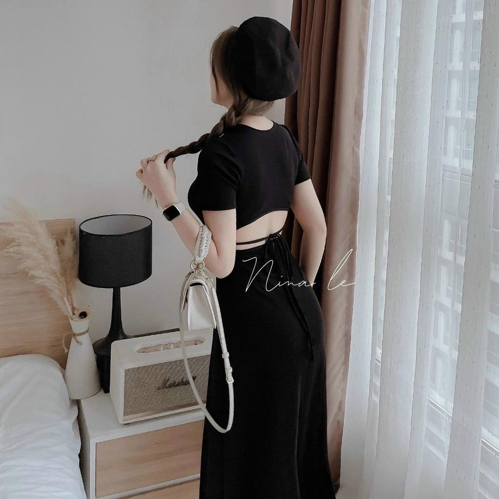 Đầm đen midi tay con khoét ngực tôn dáng ôm body nina lê
