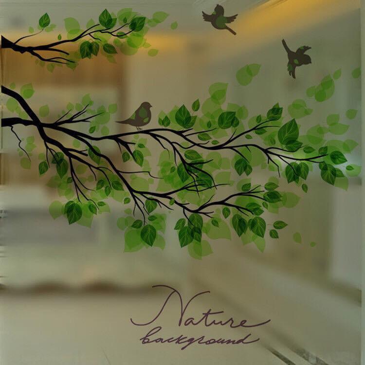 Decal trang trí kính cao cấp mẫu chim lá xanh