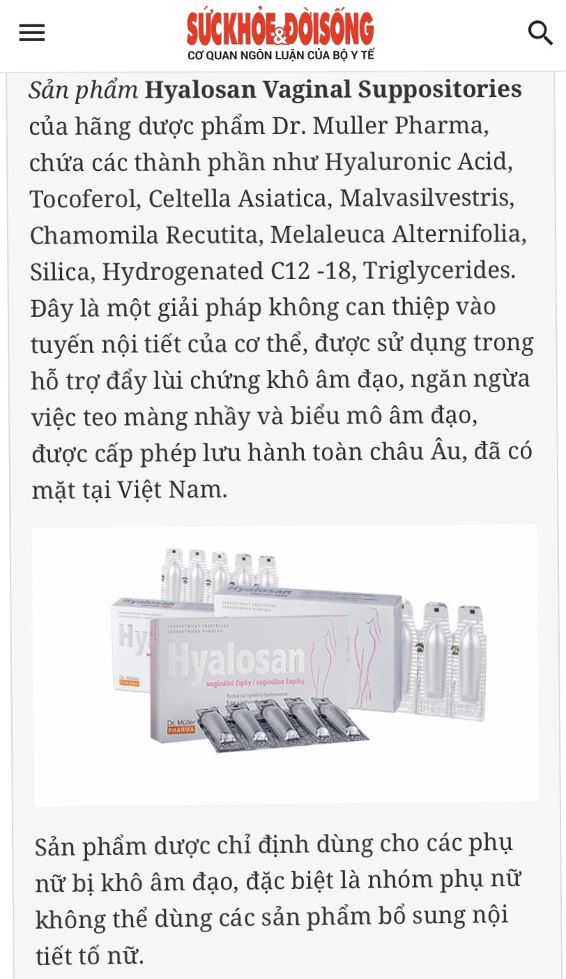 Viên đặt dưỡng ẩm - Hyalosan vaginal suppositories (Hộp 2 vỉ x 5 viên)