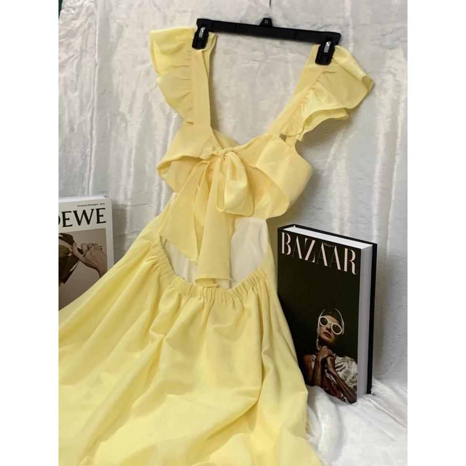 Đầm dài maxi nữ hở lưng tay cánh tiên khoét eo lộ eo con kiến cột nơ phía sau_nhún lai dưới