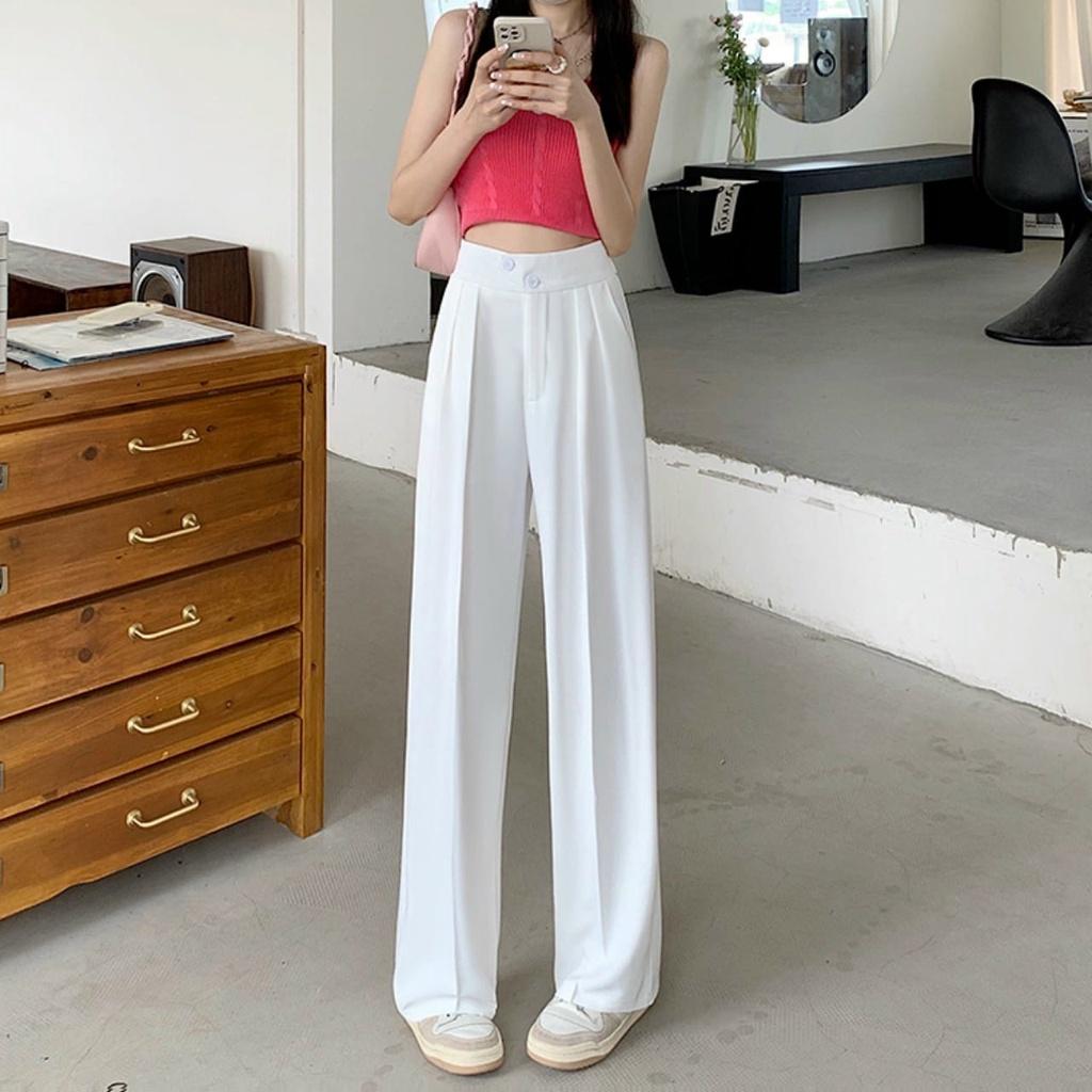 Quần culottes ống rộng suông dài, Quần tây lưng cao 2 cúc xéo chất dày cao cấp