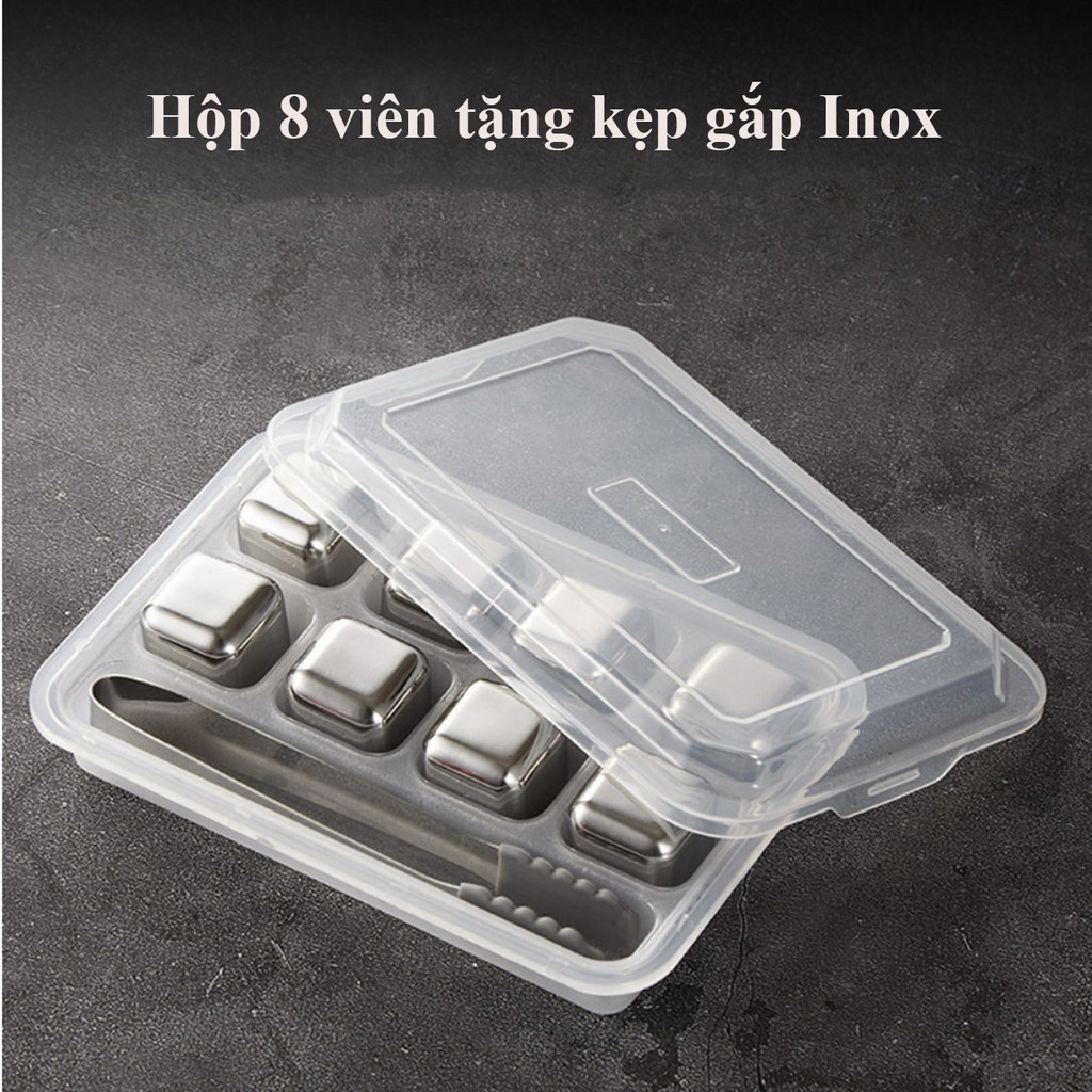 Đá lạnh không tan inox 304 - hộp 8 viên kèm 1 kẹp gắp cao cấp - cam kết inox 304 chuẩn