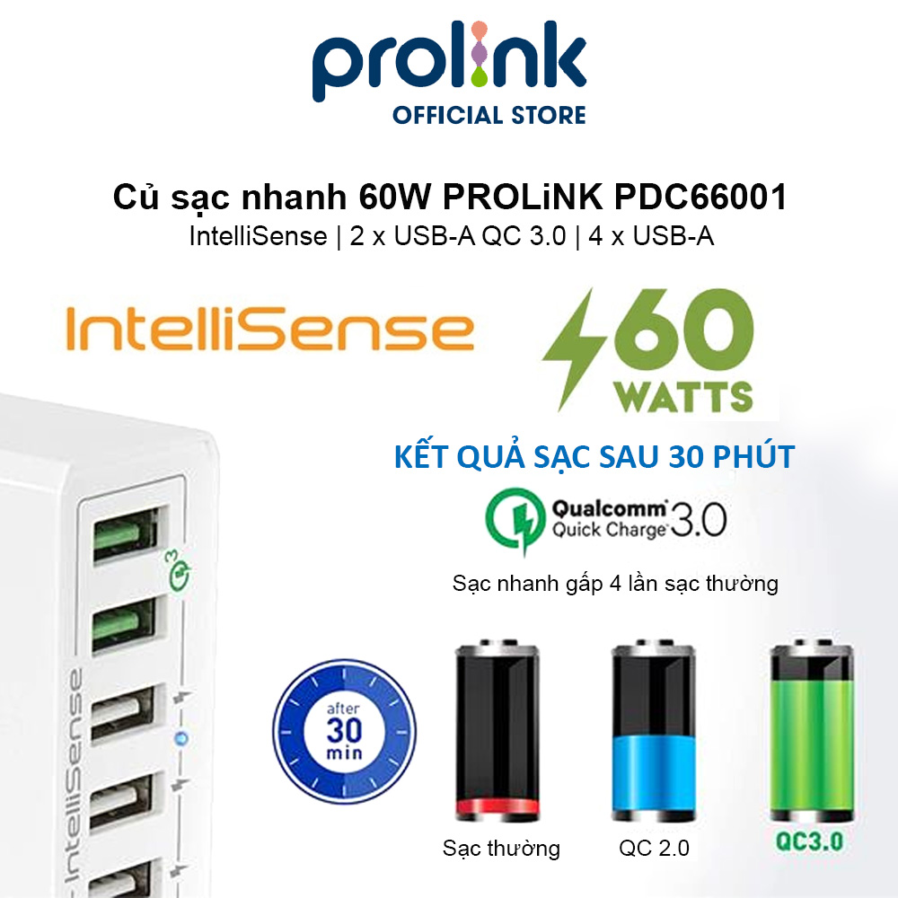 Củ sạc nhanh 60W PROLiNK PDC66001, 6 cổng 2xUSB-A QC 3.0 & 4xUSB-A, IntelliSense, sạc điện thoại, máy tính bảng, laptop - Hàng chính hãng