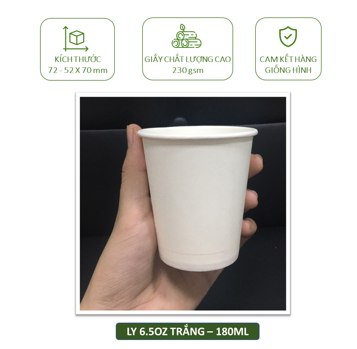 50 ly giấy trắng 230gsm cao cấp 195ml - 6.5oz, 210ml - 7oz, ly giấy văn phòng chịu nhiệt dùng 1 lần