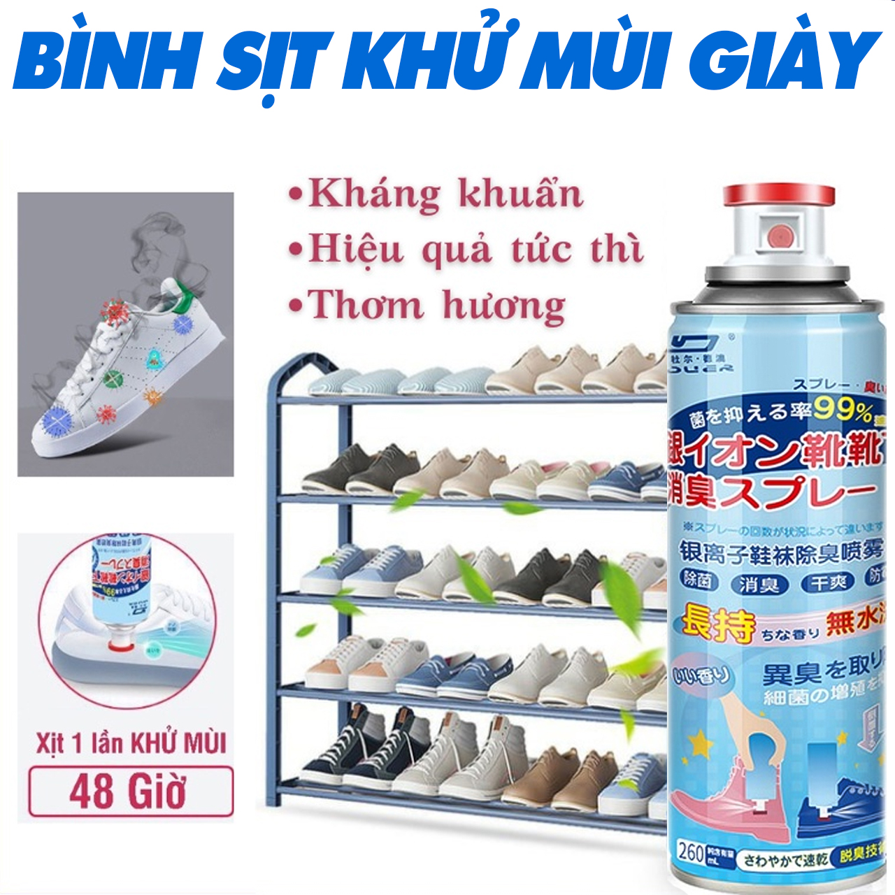 Chai xịt khử mùi giày dép công nghệ nano bạc, khử mùi hôi chân, giày hiệu quả, loại bỏ 99% vi khuẩn gây mùi hôi giày dép - hàng chính hãng