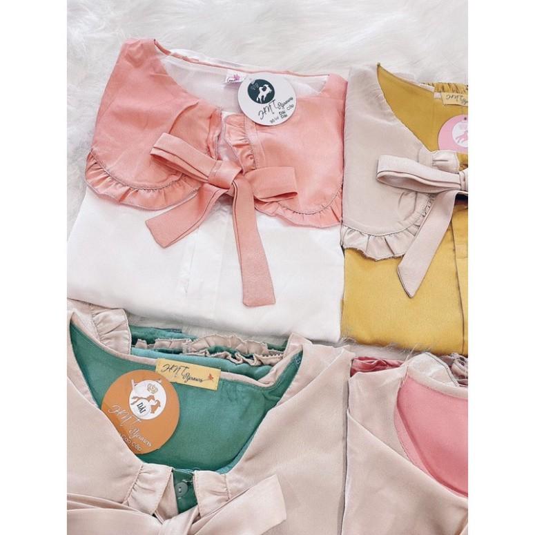 Freeship Bộ lụa Pijama - Bộ Lụa Tay Dài Tiểu Thư Cổ Phối Bèo Nơ