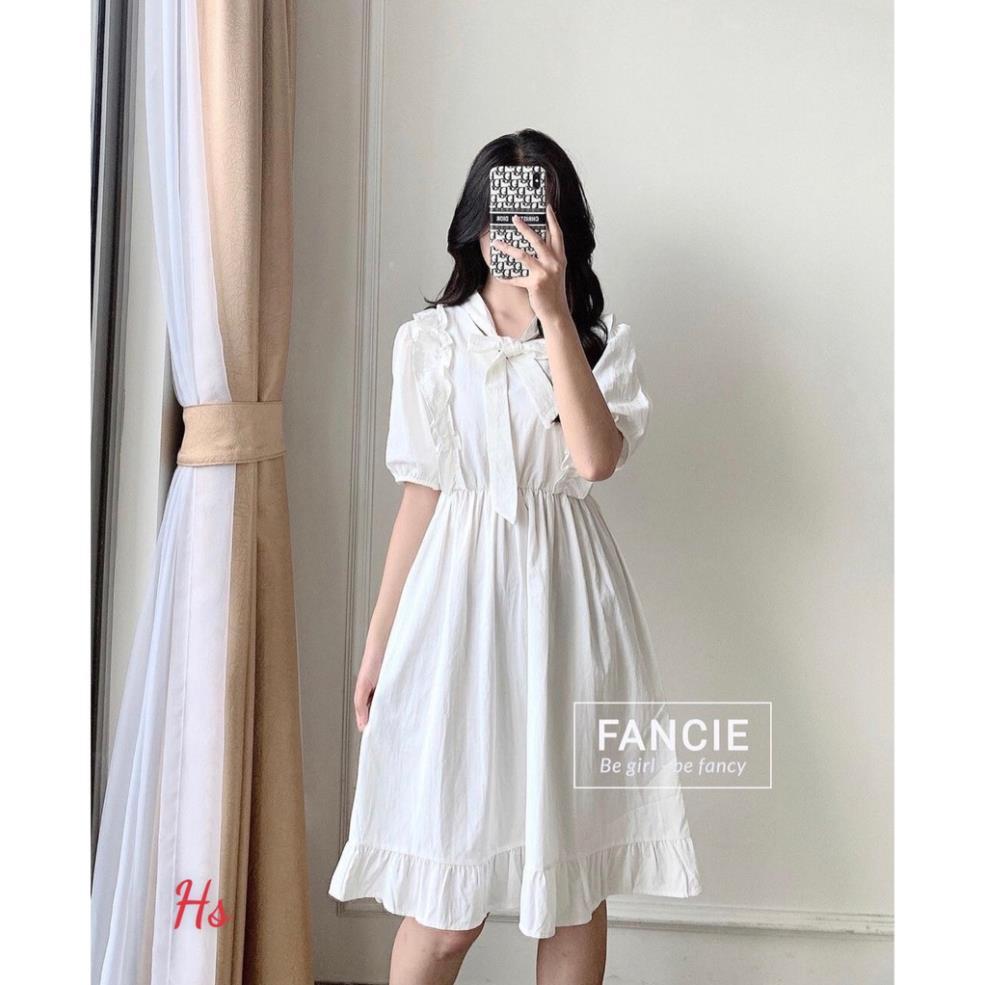 Mẫu mới hot 2023 Đầm Nữ Trắng Vai Bèo Cộc Tay Buộc Nơ Váy Nữ Chất Đũi Dáng Xòe