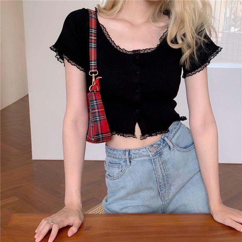 Áo croptop viền ren tay ngắn, 100% ảnh thật do shop chụp