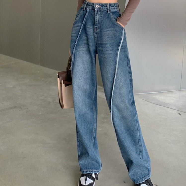 Quần Jeans Nữ Ống Rộng Gân Chéo Dáng Thụng Tôn Dáng