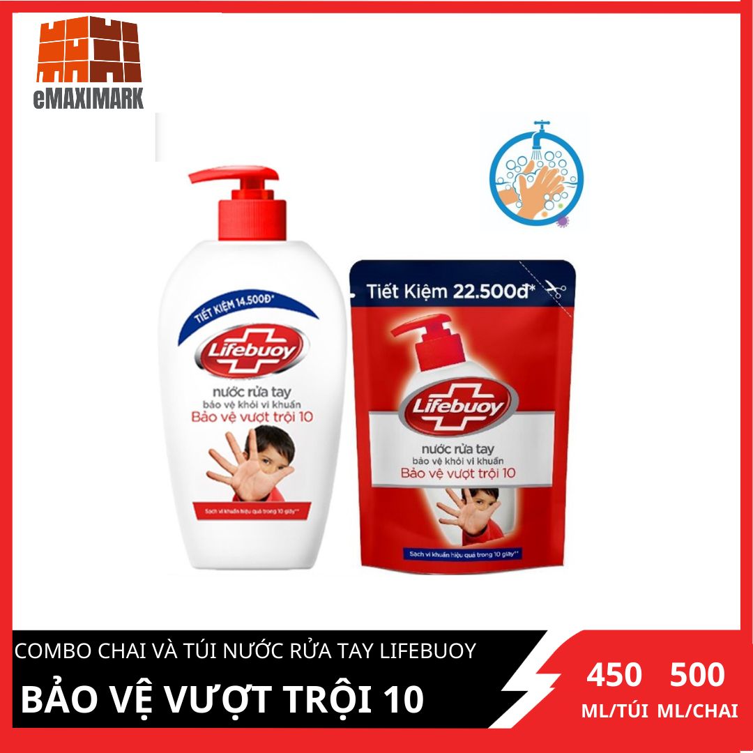 COMBO Nước rửa tay Lifebuoy Bảo vệ vượt trội 10 (Đỏ) Chai 500g và túi 450ml