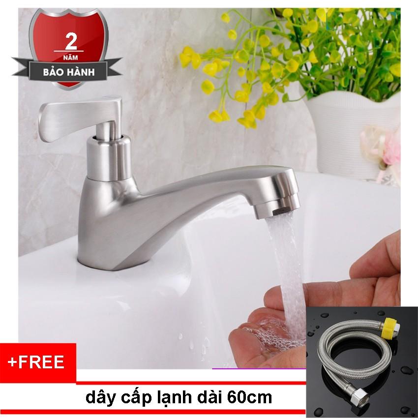 Vòi nước xả lạnh cắm chậu inox 304 nguyên khối cao cấp mã - Tặng kèm dây cấp lạnh dài 60cm