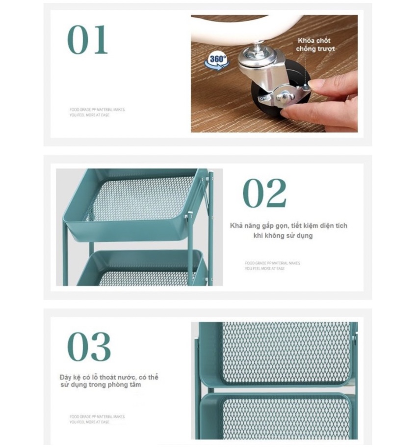 Kệ 3 tầng đựng đồ có bánh xe đựng đồ góc bếp Oritatami