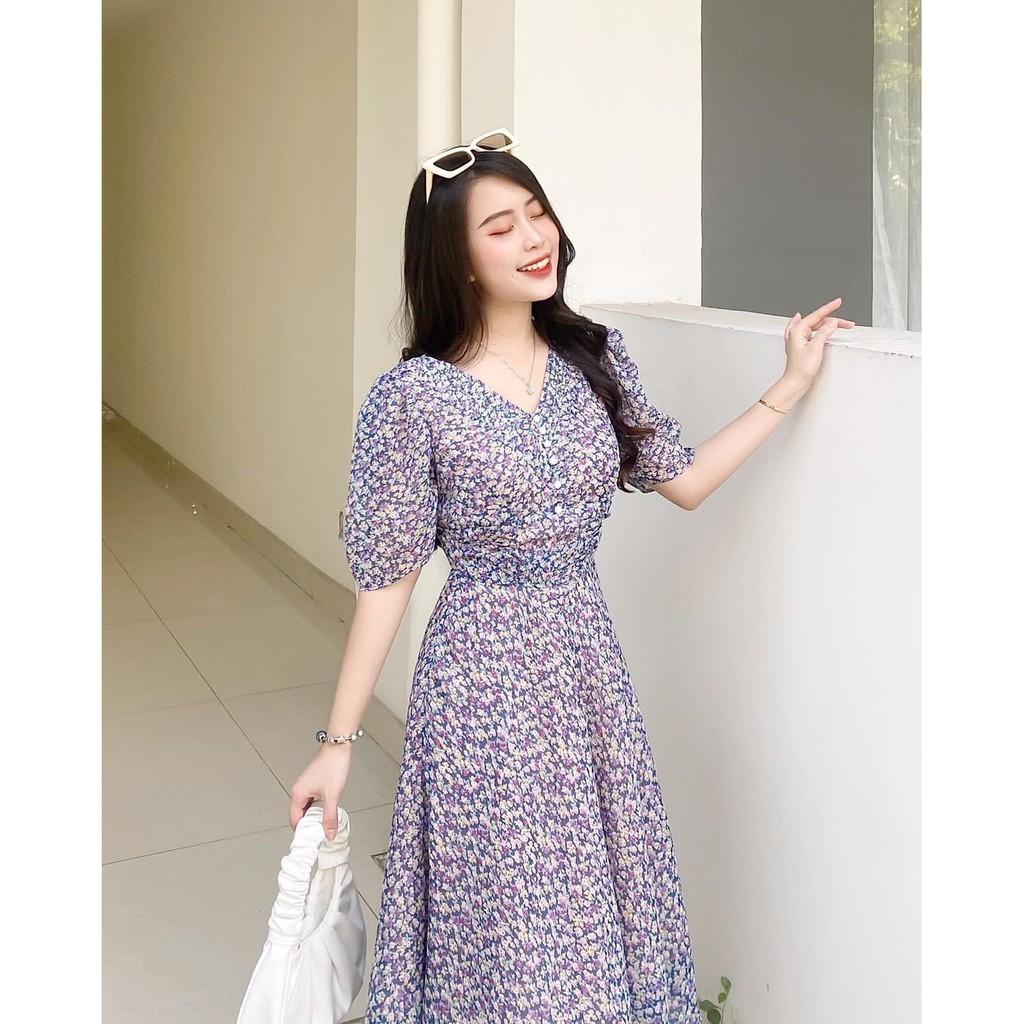 ĐẦM XANH TÍM HOA NHÍ CỔ TIM PHỐI NÚT CƯỜM TRẮNG TAY LỠ NHÚN EO DÁNG XÒE--hình thật shop chụp