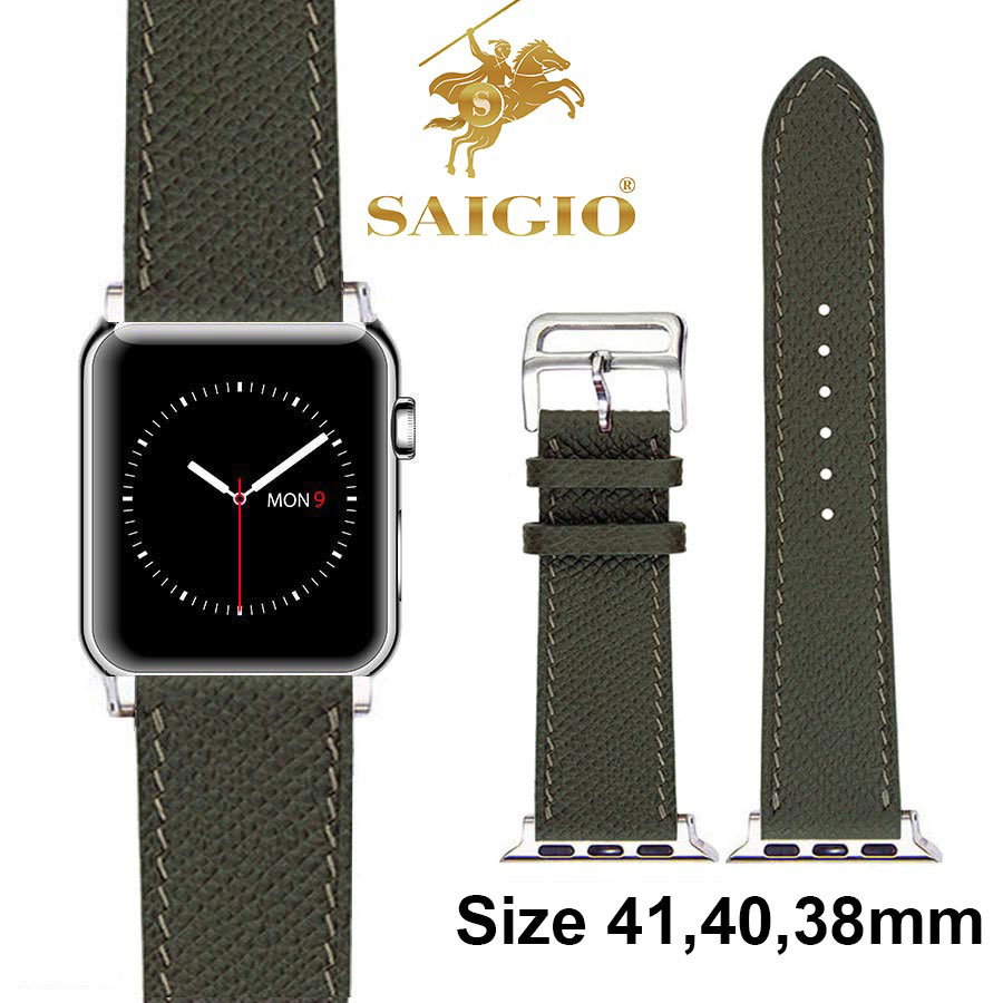 Dây Đồng Hồ Apple Watch 41mm 40mm 38mm, Chất Liệu Da Bê EPSOM Thảo Mộc Cao Cấp, Nhập Khẩu Từ Châu Âu, Dây Đeo Phong Cách Hiện Đại và Sang Trọng, Tương Thích Các Phiên Bản Series 8/7/6/5/4/3/2/1/SE/SE2 - Xanh Midnight Green - ADAPTER BẠC