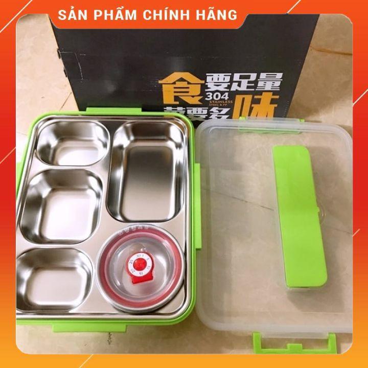 Hộp cơm 5 ngăn inox 304 Có Nắp Đậy tặng kèm bộ muỗng đũa inox siêu tiện lợi